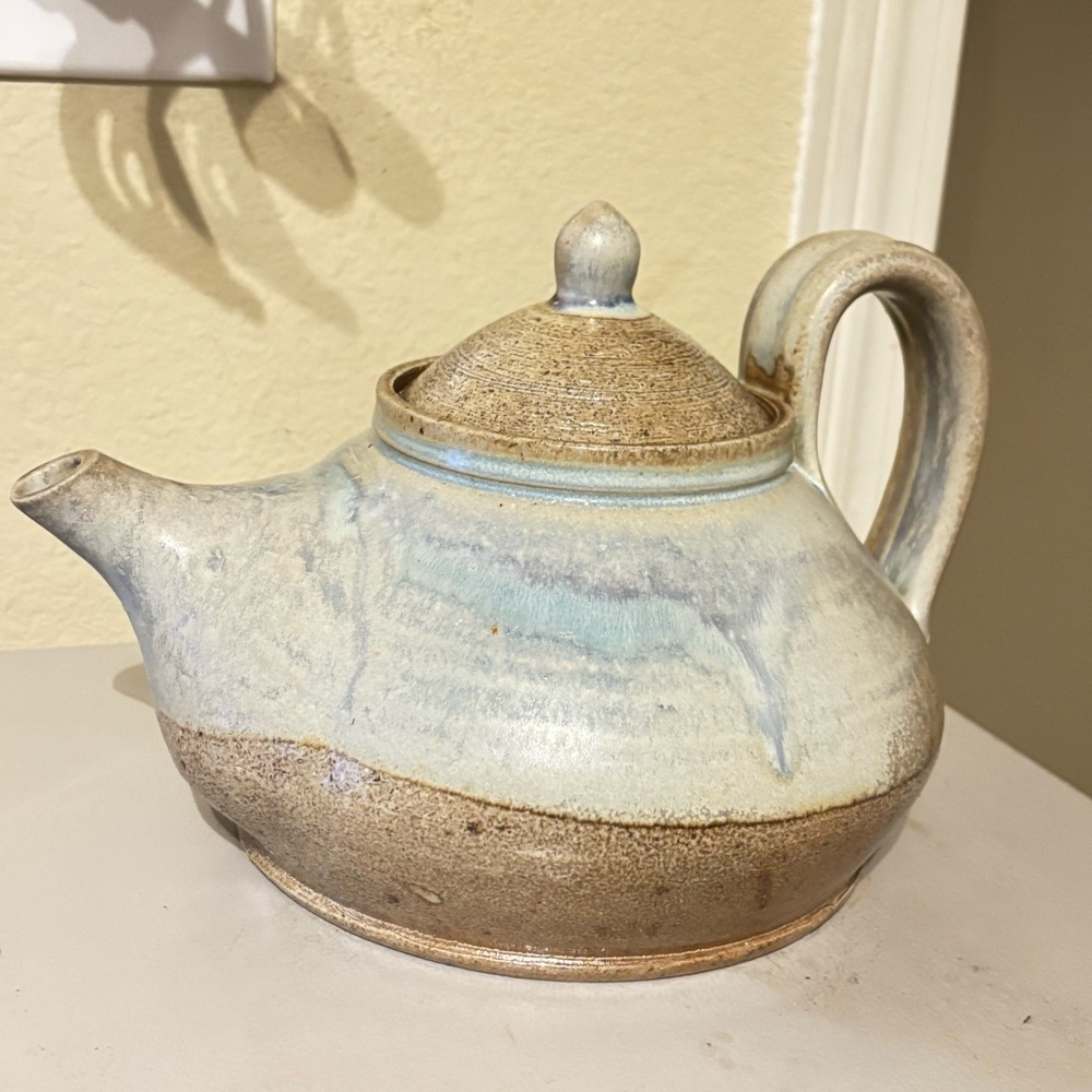 Randolph Handmade Pottery Teapot Large Sandy brown & light blue glazed Surface
